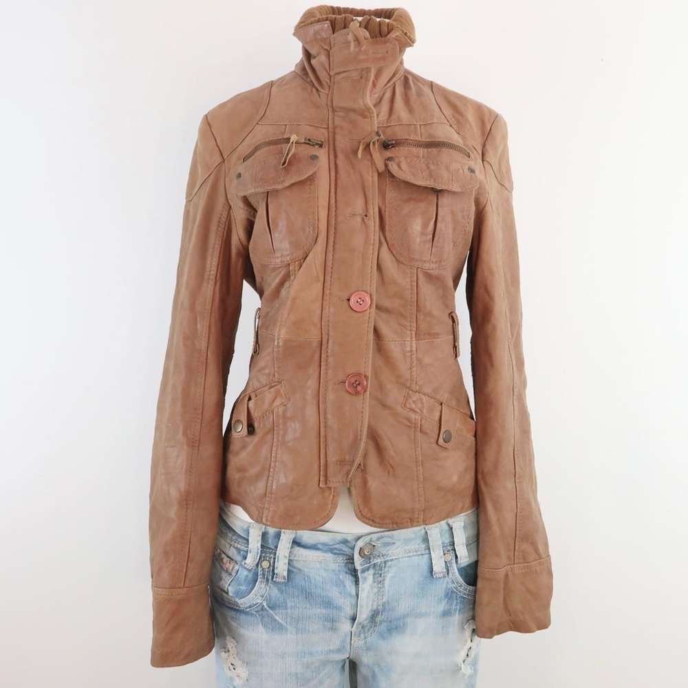 y2k brown leather fitted utility jacket military